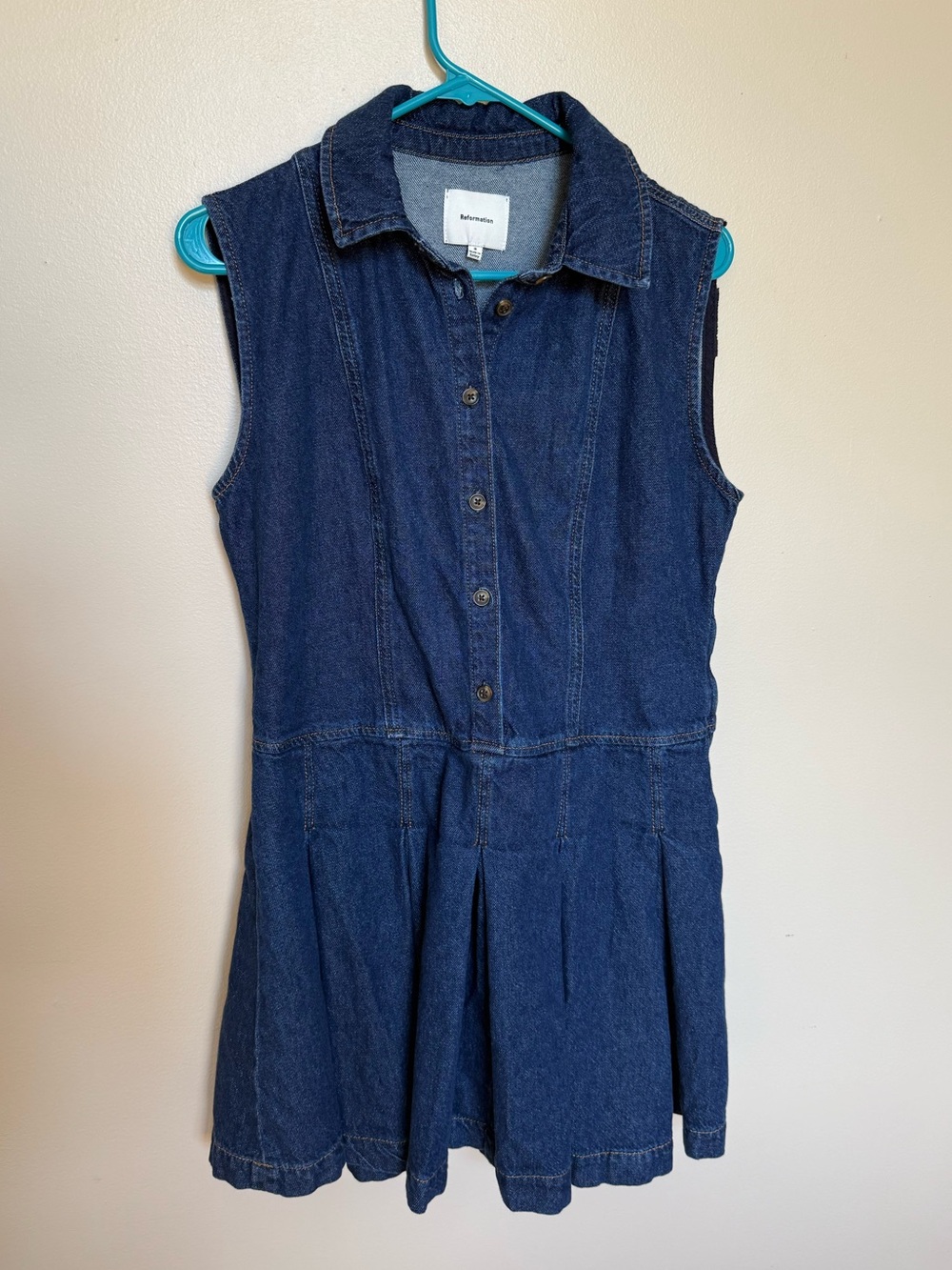 Reformation Denim Dress Button Up Pleats Sleeveless Arella Blue Jean Flinders